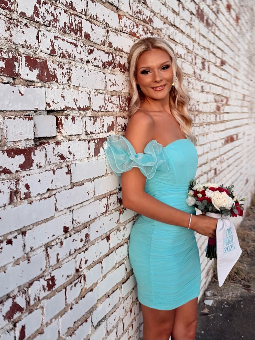 Hello Molly Aqua One-Shoulder Ruffle Mini Dress